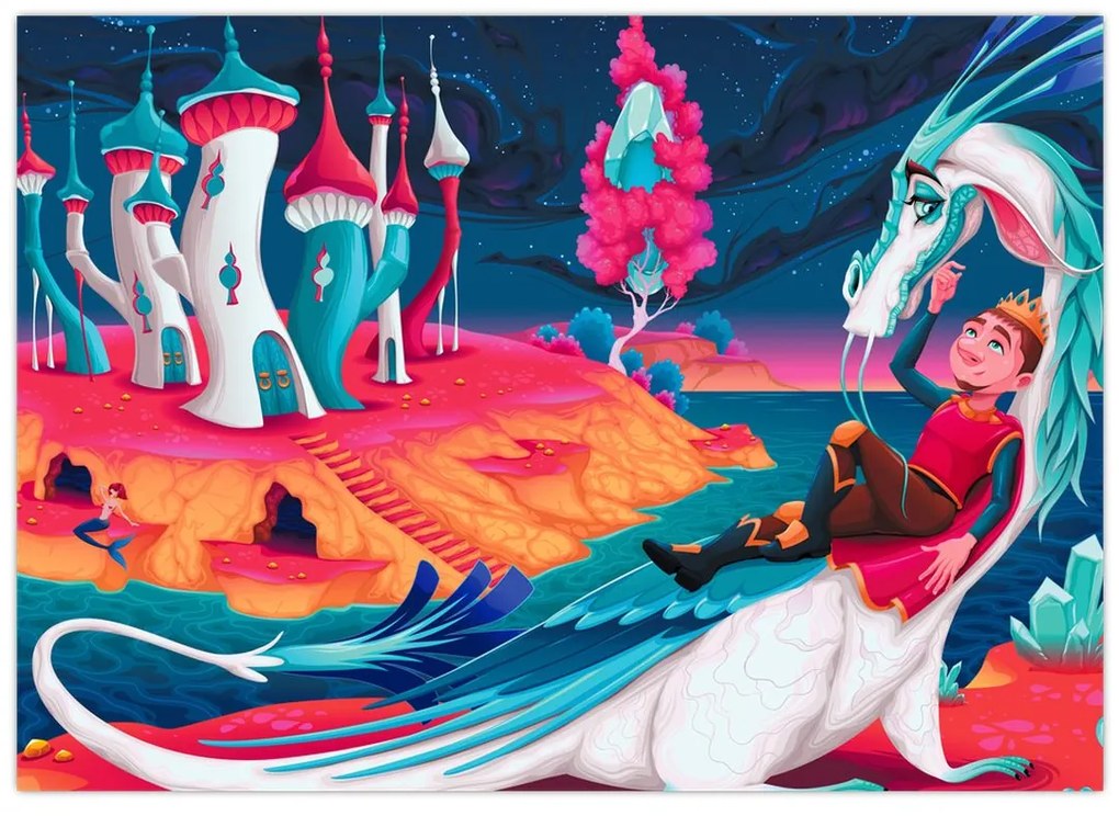 Tablou pe sticlă - Prinț și prințesa cu dragon (70x50 cm)
