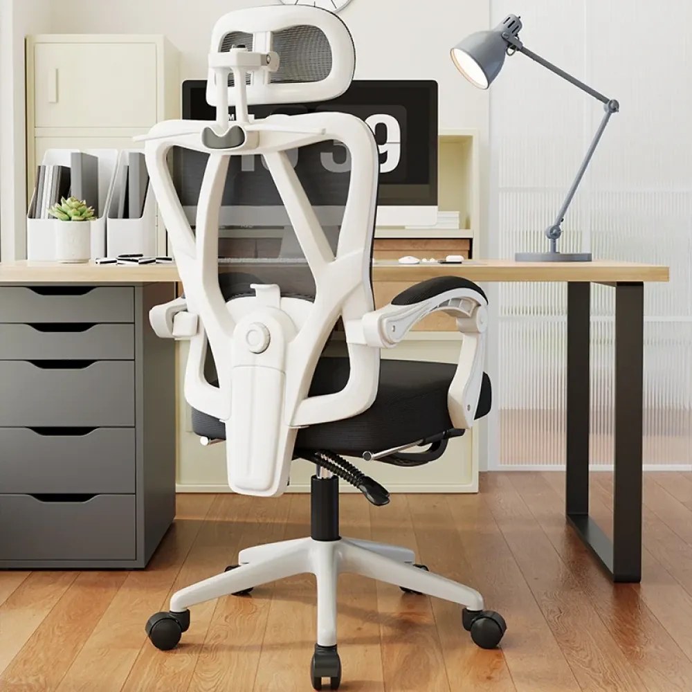 RESIGILAT- Scaun ergonomic cu suport lombar 4D, tetieră reglabilă 4D, pivotant 360°, suport pentru picioare, Mesh, Alb/Negru