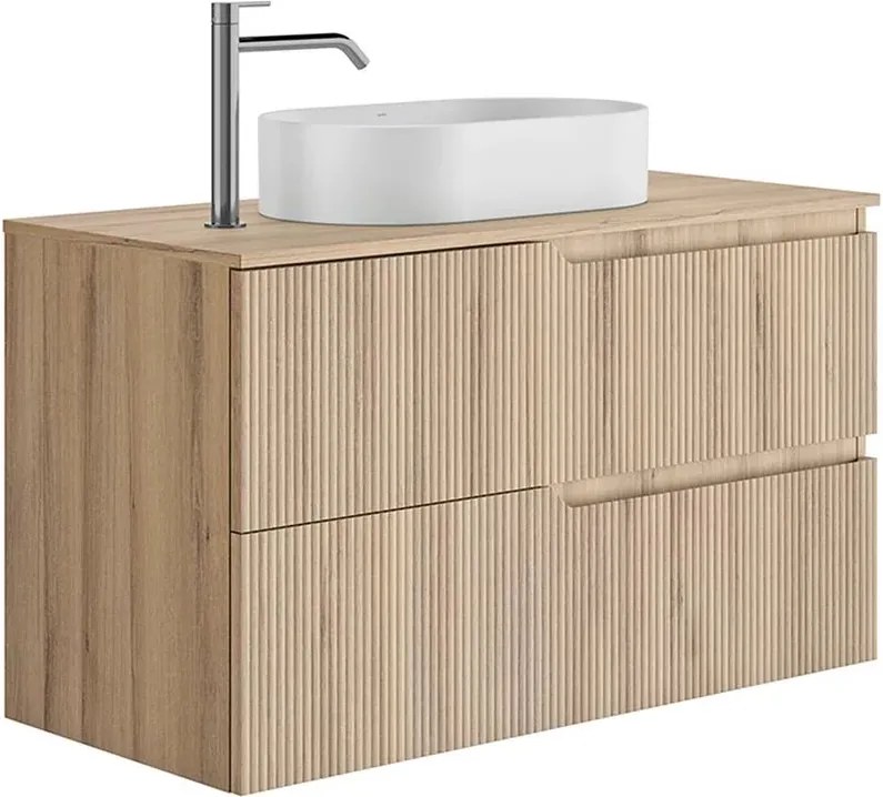 Set dulap baza suspendat Gala Canaletto 2 sertare 100 cm cu blat finisaj lemn bej mat