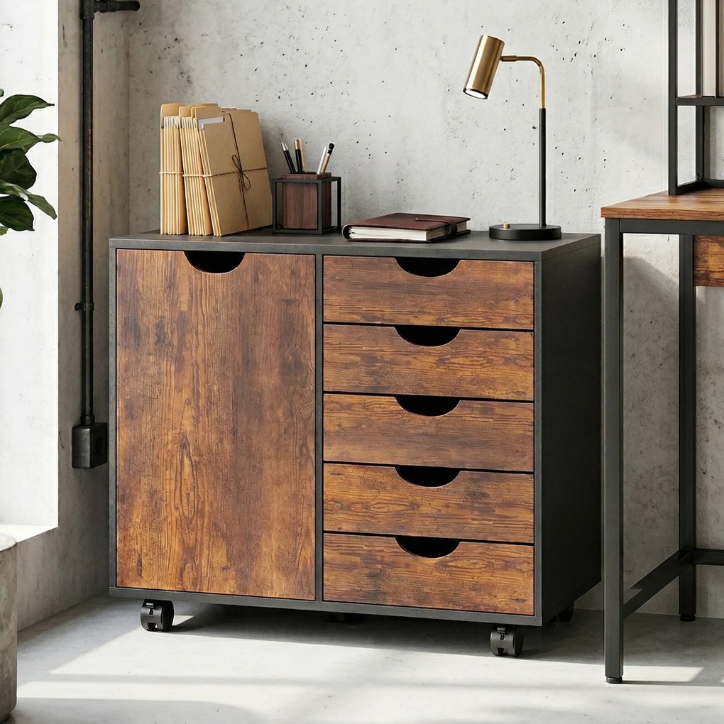 HOMCOM Mobilier de depozitare pentru birou 5 sertare 1 ușă poliță reglabilă, suport imprimantă pe roți, 78x40x66,5 cm, maro | Aosom Romania
