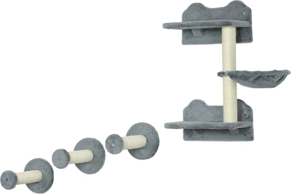 PawHut Trepte de Cățărat, Perete de Cățărat, Scară de Pisici, Set de 4 Piese, cu Copaci de Zgâriat, Hamacă, gri+crem, 40 x 28 x 73 cm | Aosom Romania