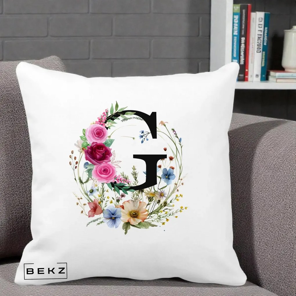Cadou Personalizat - Perna Personalizata Monogram Litera G cu Flori Acuarela, 40x40 cm, Alba Mata, Husa Detasabila, Perna Inclusa, BEKZ®
