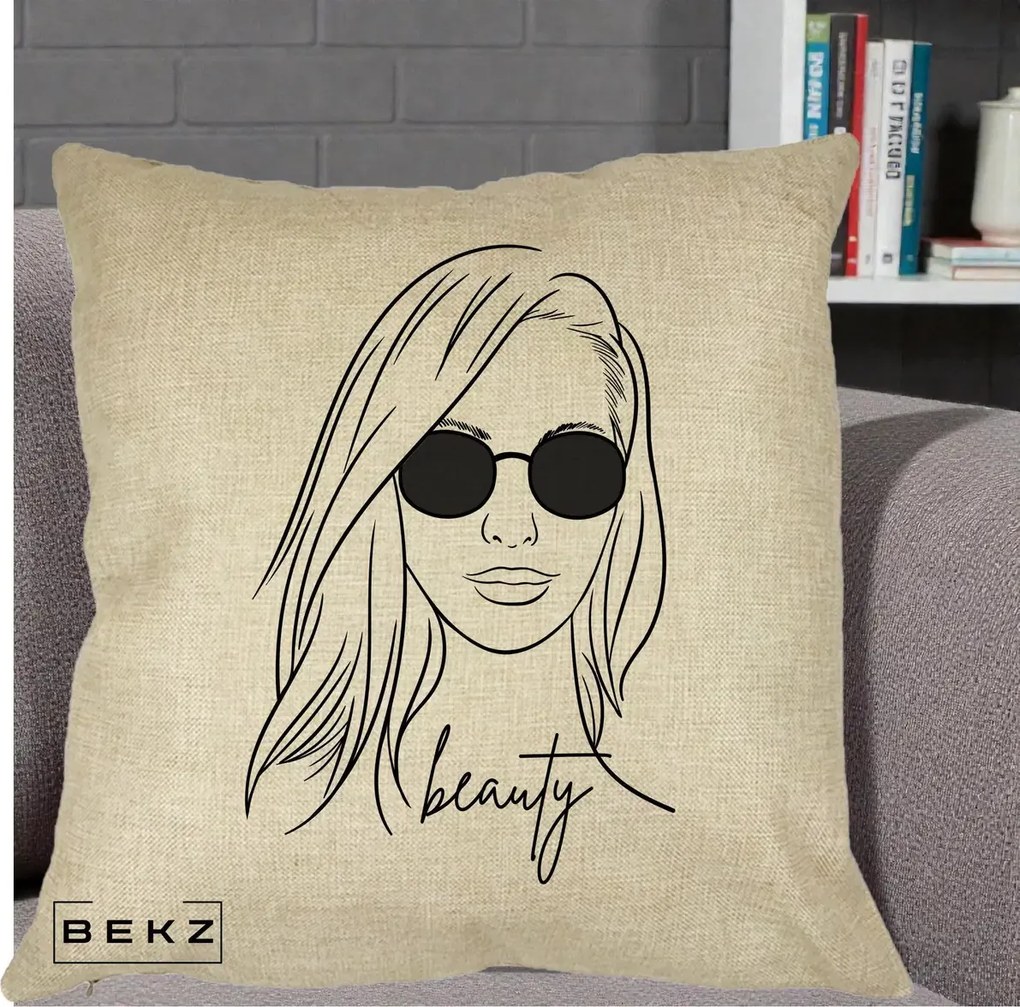 Perna Decorativa Beauty Girl Line Art, 40x40 cm, Crem, Husa Detasabila, Perna Inclusa, BEKZ®
