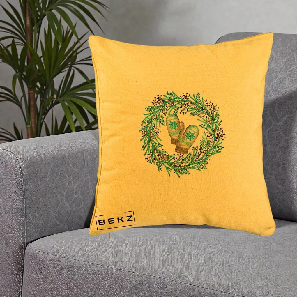 Perna Decorativa Coroana Turcoaz cu Manusi, 40x40 cm, Galben, Husa Detasabila, Perna Inclusa, BEKZ®