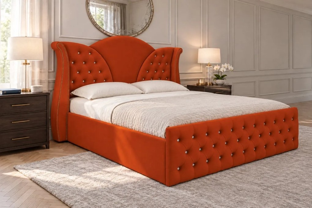 Pat tapițat Chesterfield din catifea Velora Cristal 180×200 cm, cărămiziu, cu ladă de depozitare