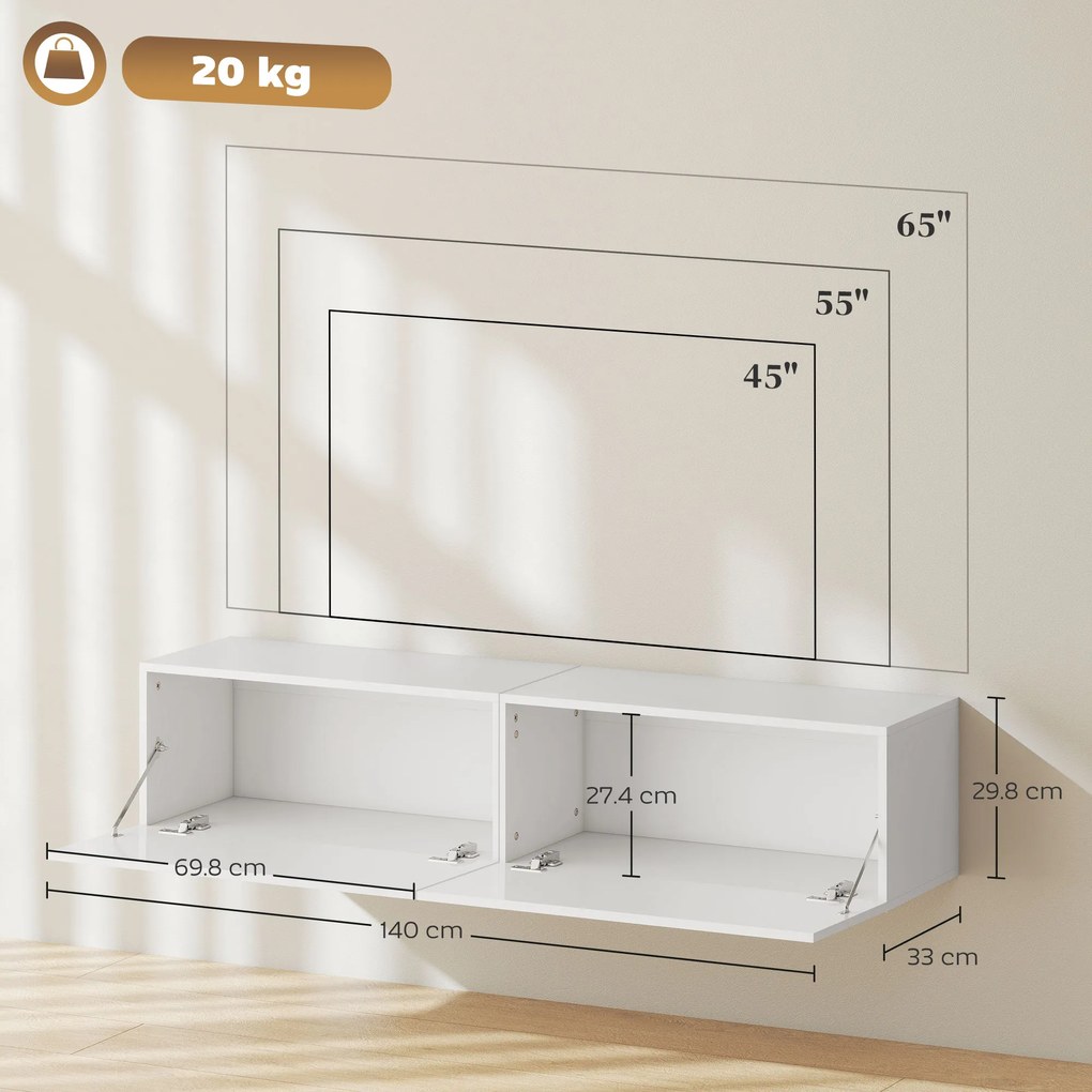 HOMCOM Dulap TV Suspendat pentru Televizoare de 45"-55"-65" cu 2 Dulapuri, Alb | Aosom Romania