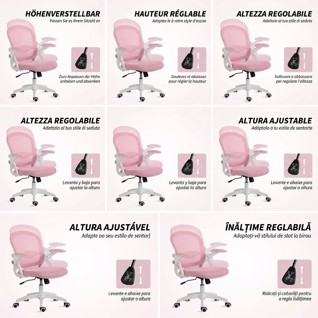 Vinsetto Scaun de Birou Ergonomic, Reglabil, cu Spătar din Plasă și Scaun Captusit, 65.5x61.5x88-97.5 cm, Roz | Aosom Romania