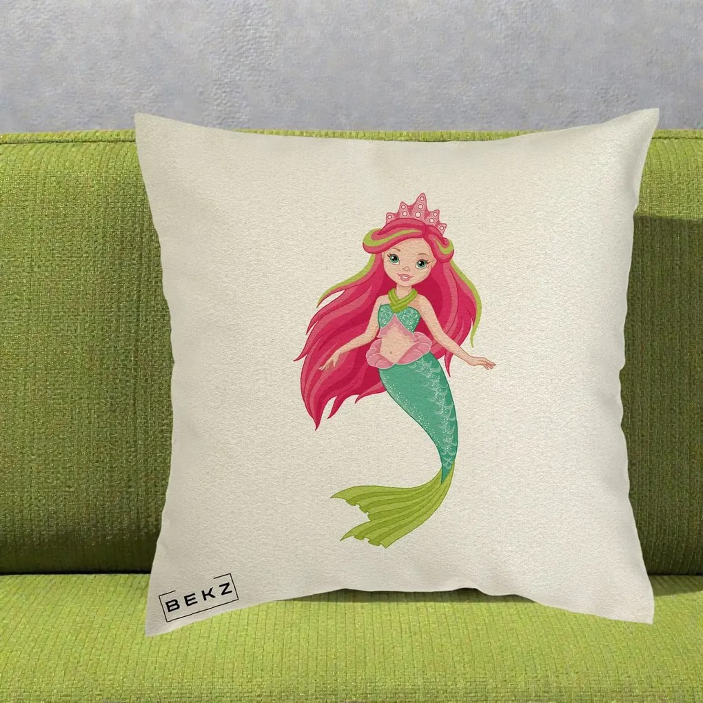 Perna Decorativa Sirena Roz cu Coroana, 40x40 cm, Ecru, Husa Detasabila, Perna Inclusa, BEKZ®