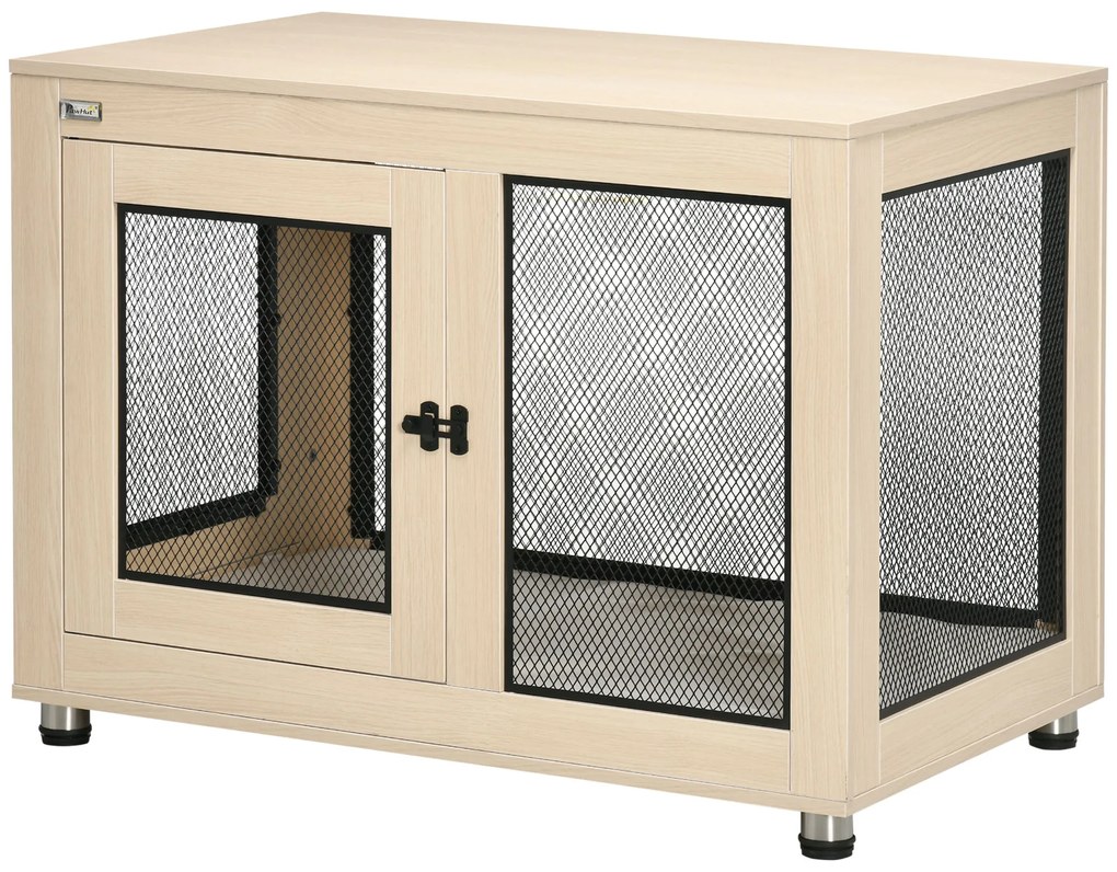 PawHut Cușcă pentru câini pe suport cu pernă detașabilă din oțel negru și aspect de lemn - 94 x 60 x 71,5 cm, culoare fag natural | Aosom Romania