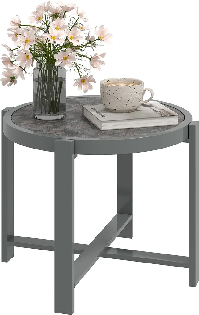 Outsunny Masă laterală rotundă pentru grădină/balcon, aluminiu rezistent la intemperii, aspect marmură, gri | Aosom Romania
