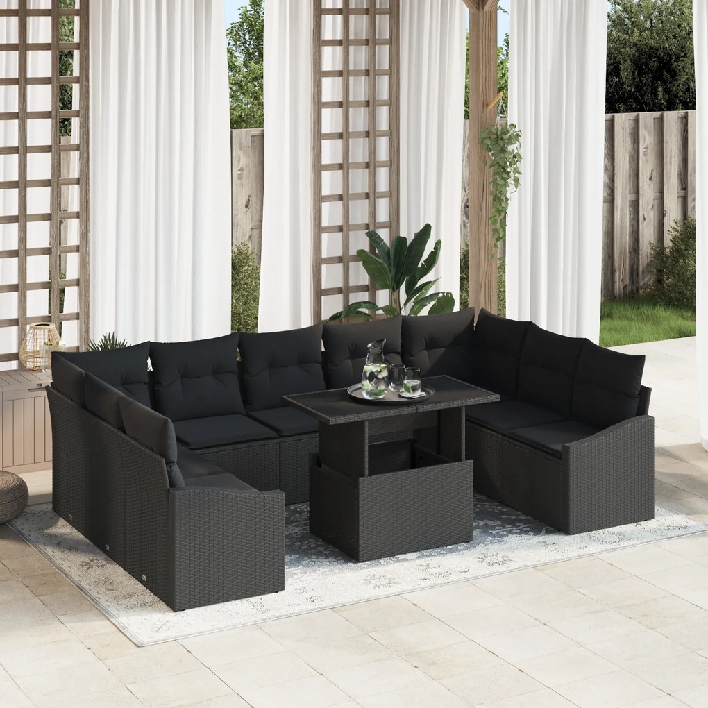 vidaXL Set de canapele de grădină 10 piese cu perne, negru, din ratan din poliester