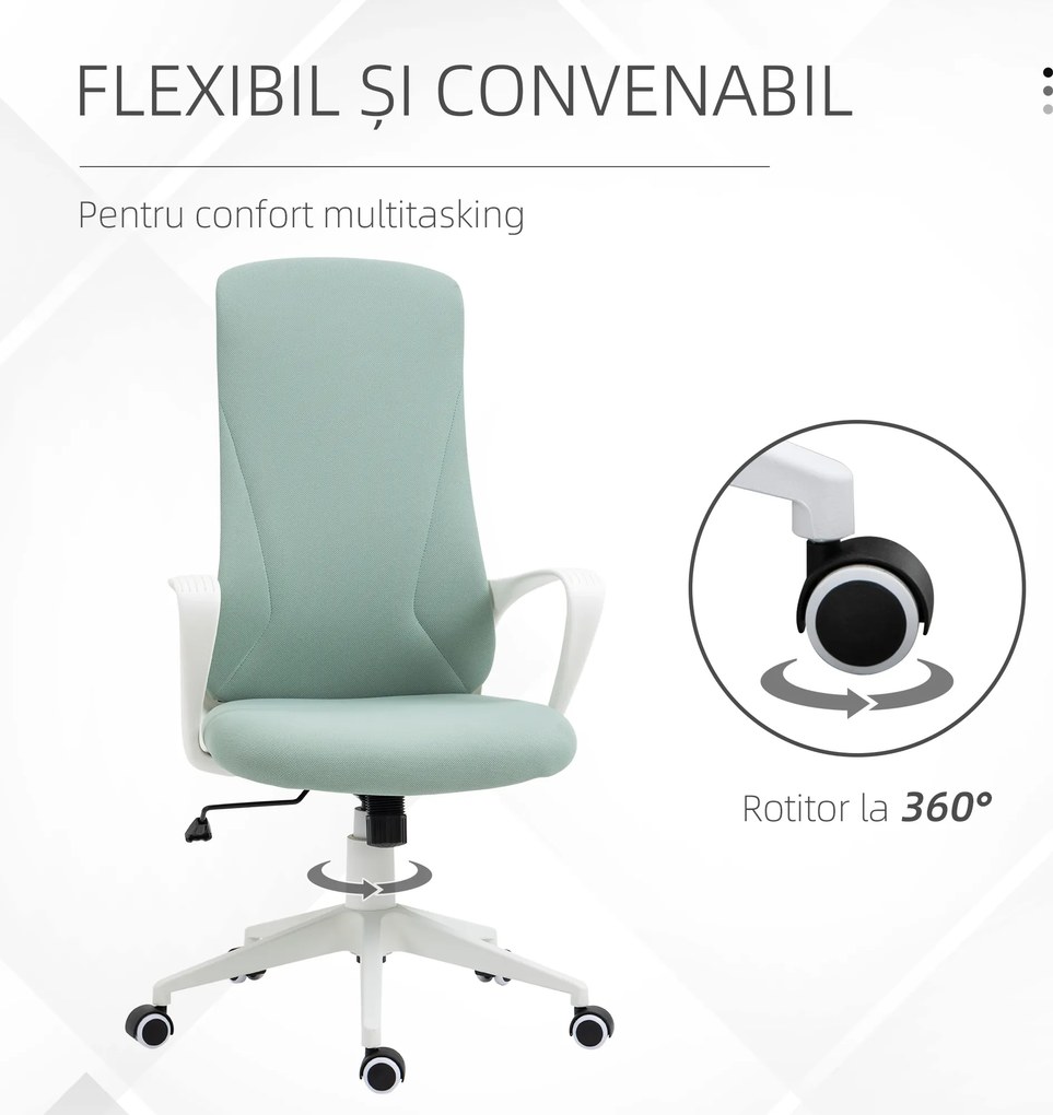Vinsetto Scaun de birou ergonomic, cu înălțime ajustabilă și balans, 62x56x110-119,5 cm, verde | Aosom Romania
