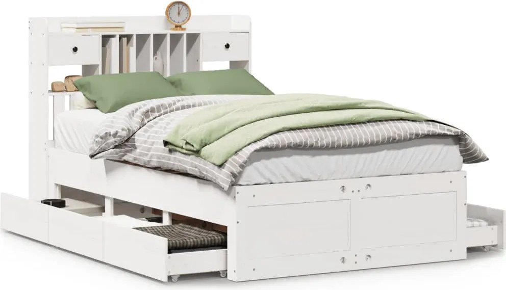 vidaXL Pat cu bibliotecă fără saltea, alb, 135x190 cm, lemn masiv pin