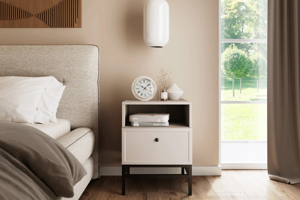 Noptieră Lorini 45 cm cu sertar - cașmir / mâner negru / cadru