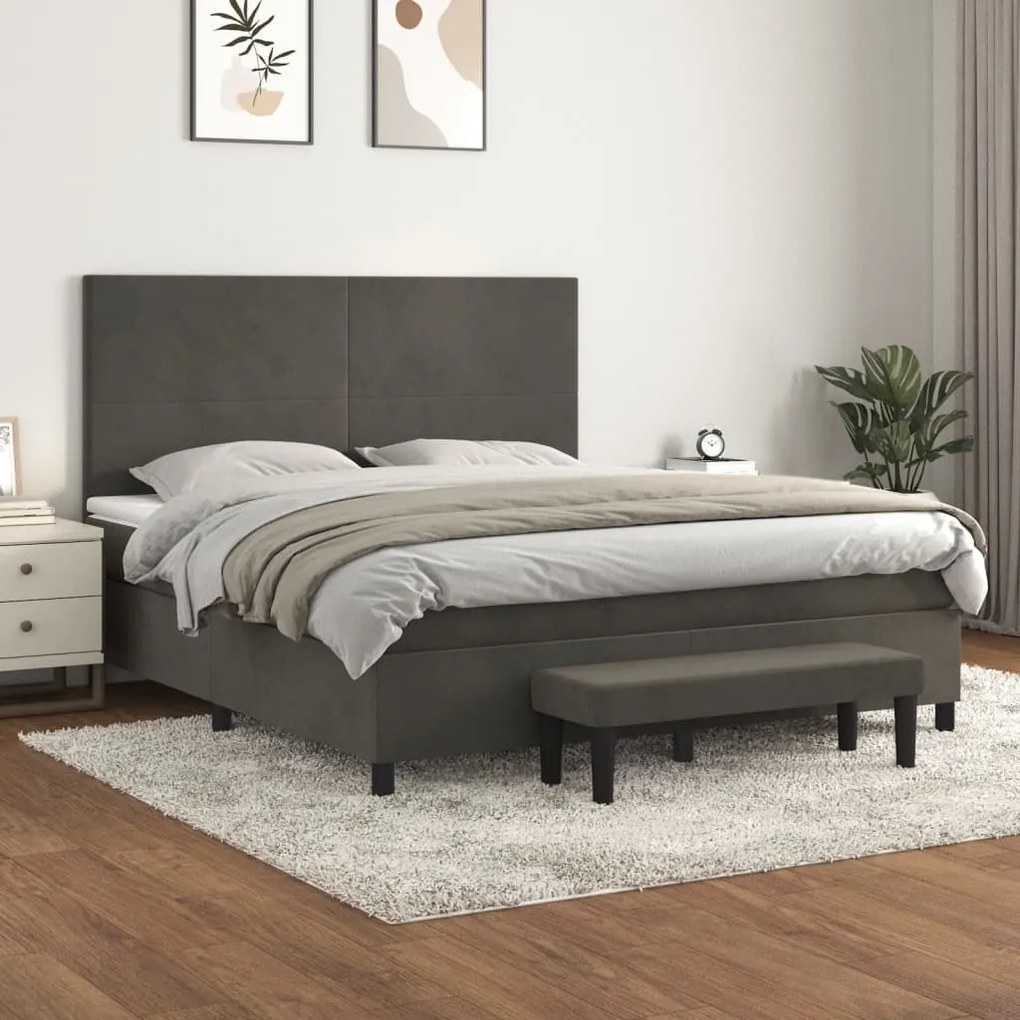 Pat box spring cu saltea, gri inchis, 180x200 cm, catifea Morke gra, 180 x 200 cm, Design simplu