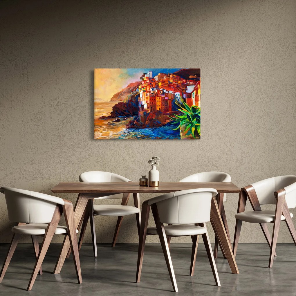 Tablou - Satul de coastă Cinque Terre, Riviera italiană, impresionismul modern (90x60 cm)