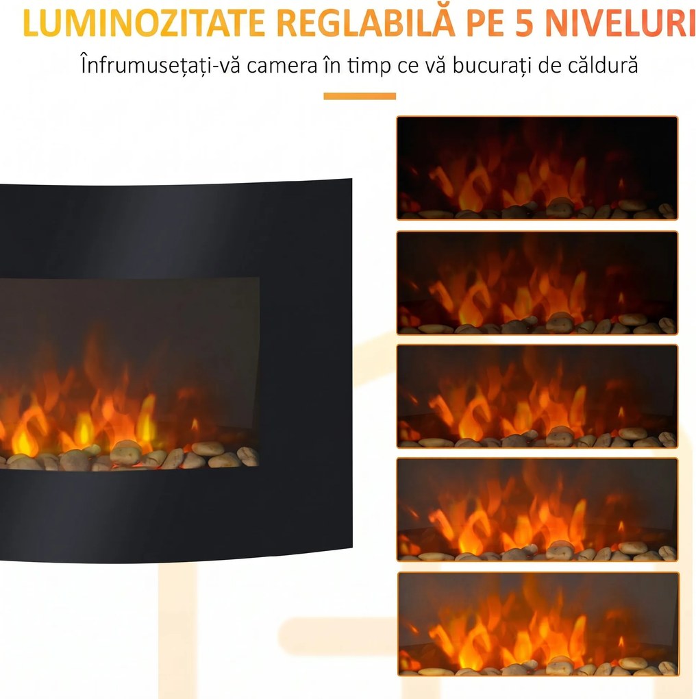 HOMCOM Șemineu Electric de Perete 900/1800W Încălzire cu Efect de Flacără 3D Reglabil, Șemineu Electric cu Lumină LED în 7 Culori, Telecomandă, Temporizator și Termostat, 30 m², Negru | Aosom Romania