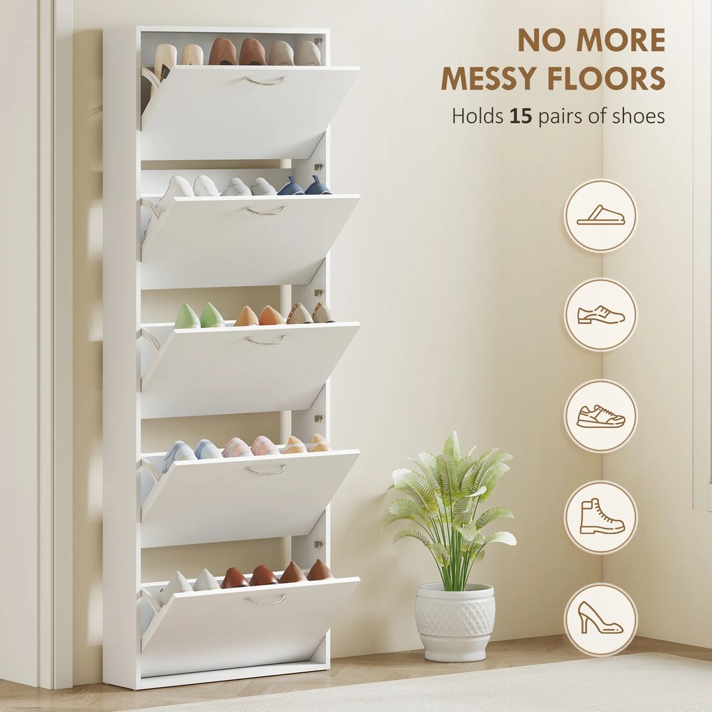 HOMCOM Dulap pentru Pantofi Subțire cu 5 Uși 65x17x180,5 cm în Lemn Alb | Aosom Romania