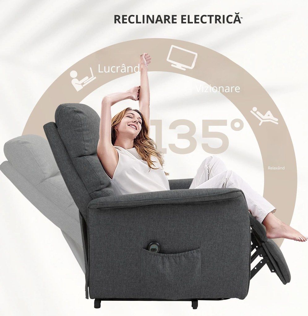 HOMCOM Fotoliu cu Ridicare și Masaj, Fotoliu Reclinabil cu 8 Puncte de Masaj, Încălzire și Suport pentru Picioare, 62.5x93x97 cm, Gri | Aosom Romania