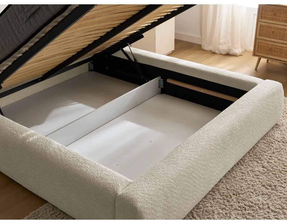 Pat matrimonial bej tapițat cu spațiu de depozitare cu somieră 160x200 cm Orlane – Bobochic Paris