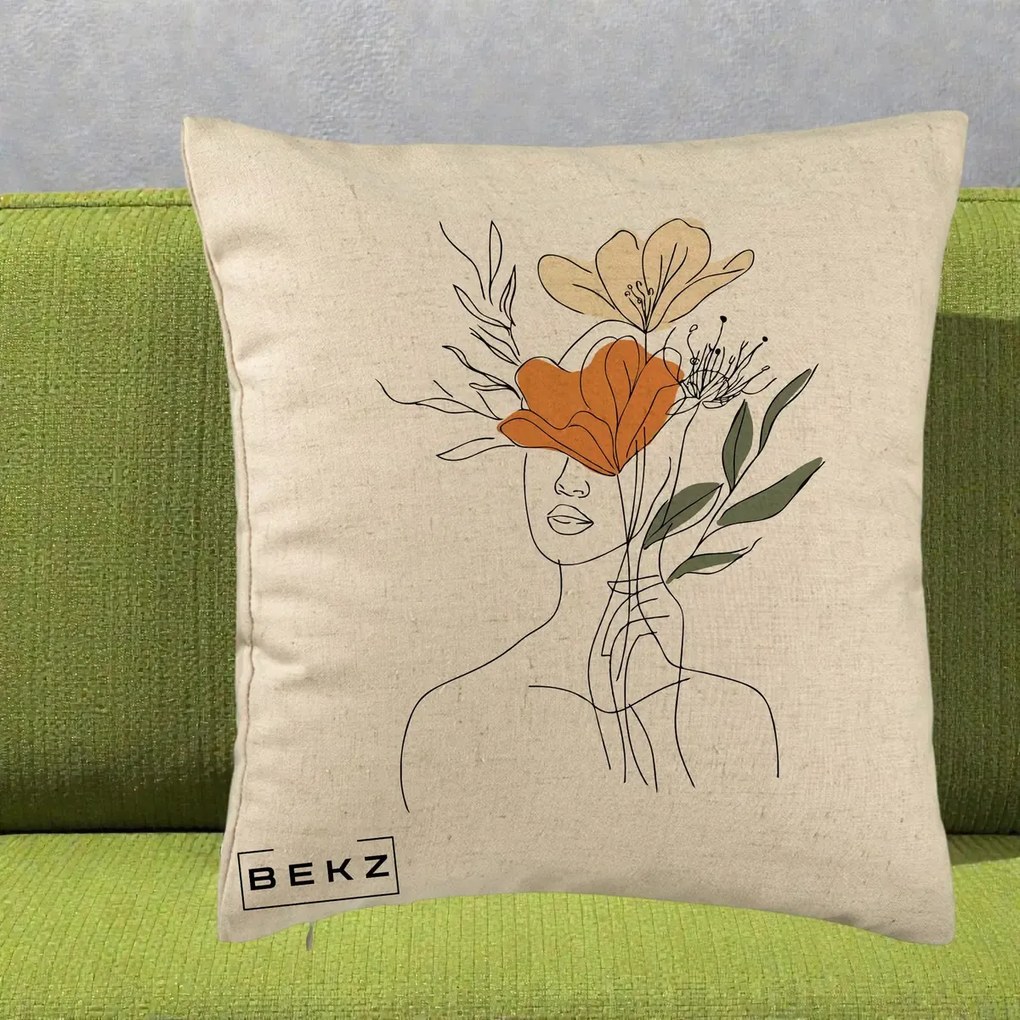 Perna Decorativa Portret Feminin Coroana Florala, 40x40 cm, Bej, Husa Detasabila, Perna Inclusa, BEKZ®