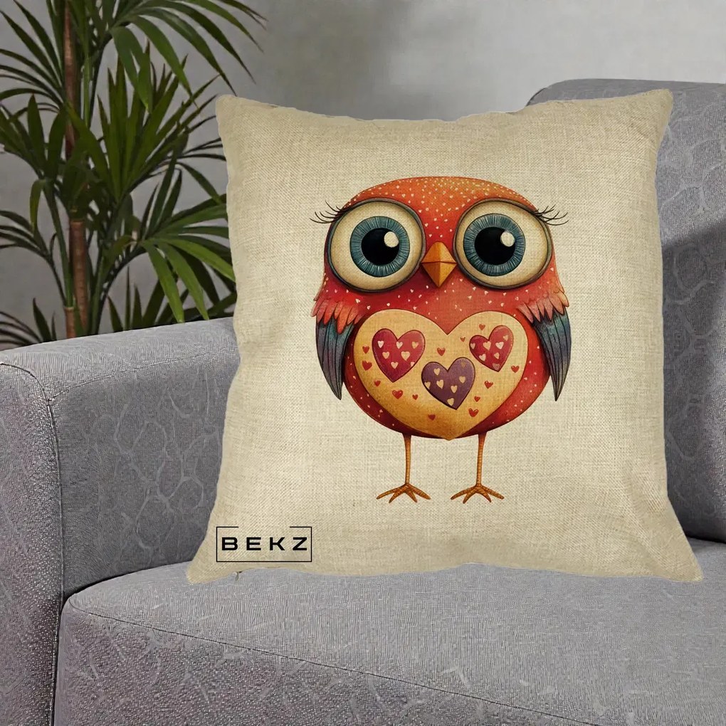 Perna Decorativa Bufnita Rosie cu Inimi Aurii, 40x40 cm, Crem, Husa Detasabila, Perna Inclusa, BEKZ®