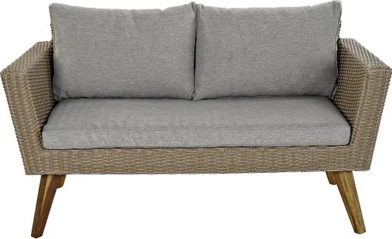 Set lounge exterior din rattan sintetic și structură din lemn și oțel cu canapea, 2 fotolii, masă și perne, finisaj bej-gri, „Zahara