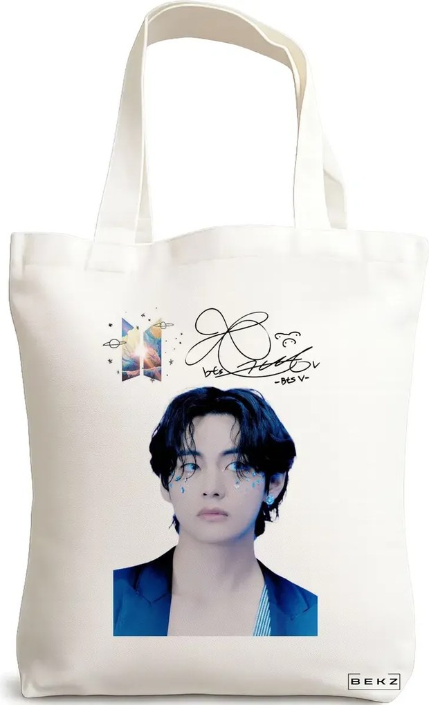Sacosa de Panza pentru Cumparaturi, Geanta Tote, model BTS V, 38x34.5 cm, Alba, BEKZ®