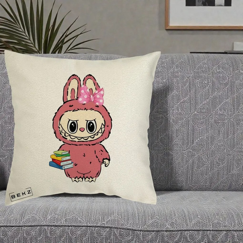 Perna Personalizata Labubu Roz cu Funda si Carti, 40x40 cm, Ecru, Husa Detasabila, Perna Inclusa, BEKZ®