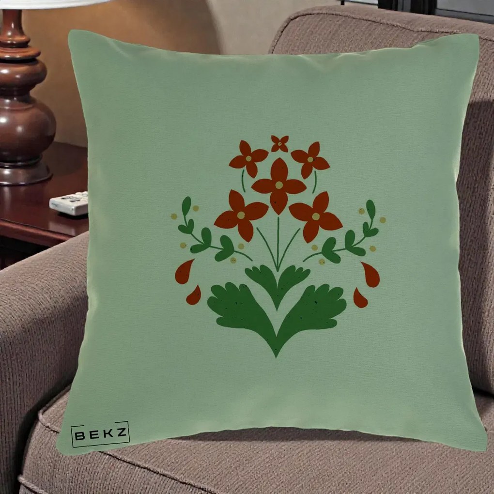 Perna Decorativa Buchet Floral Folk Rosu-Verde, 40x40 cm, Verde, Husa Detasabila, Perna Inclusa, BEKZ®