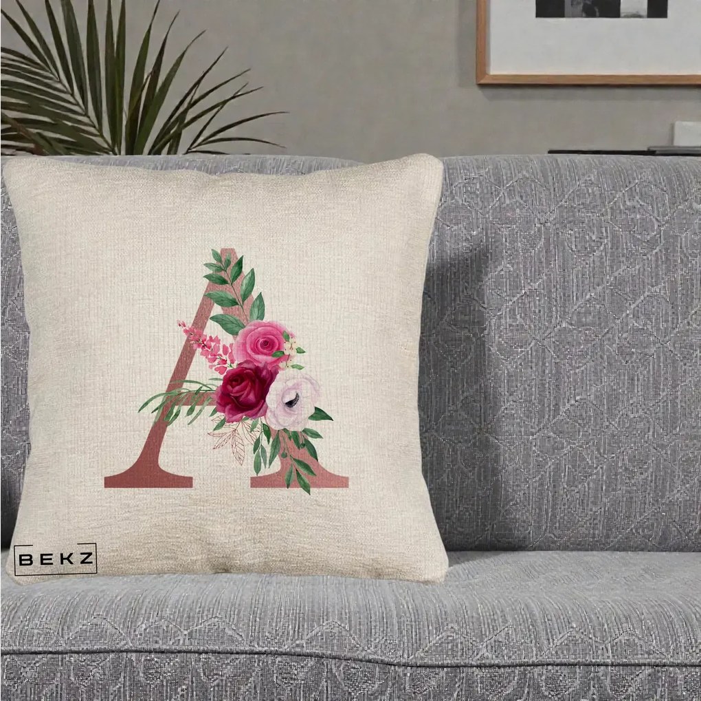 Cadou Personalizat - Perna Personalizata Monograma Rose Gold Litera A, 40x40 cm, Bej Canapea, Husa Detasabila, Perna Inclusa, BEKZ®
