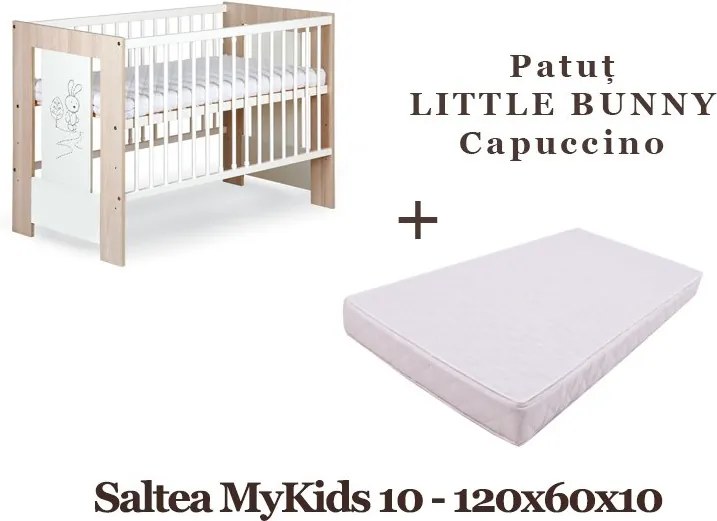 KLUPS Patut Copii Din Lemn  LITTLE BUNNY Capuccino + Saltea MyKids Basic II 10cm