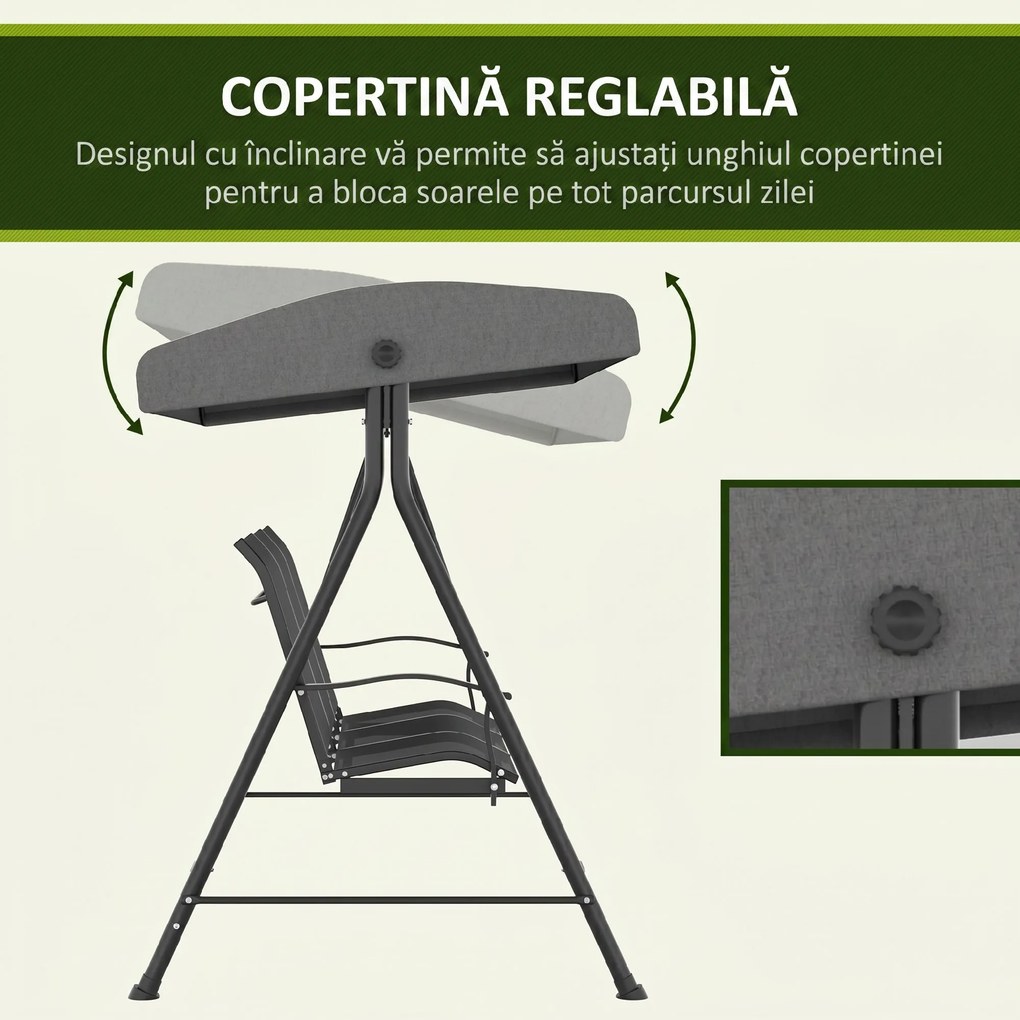 Outsunny Balansoar de Grădină cu 3 Locuri, Copertină Reglabilă și Picioare Anti-alunecare, 195x118x170 cm, Gri Închis | Aosom Romania