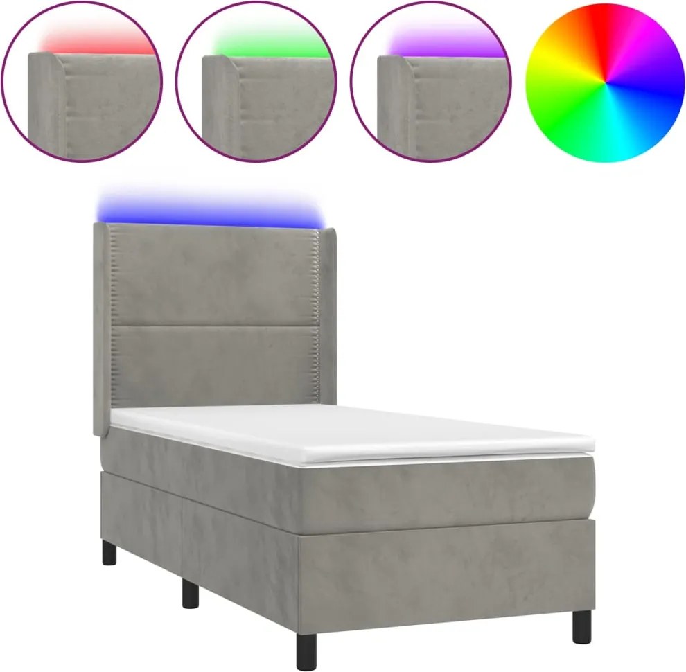 vidaXL Pat cu arcuri, saltea și LED, gri deschis, 100x200 cm, catifea