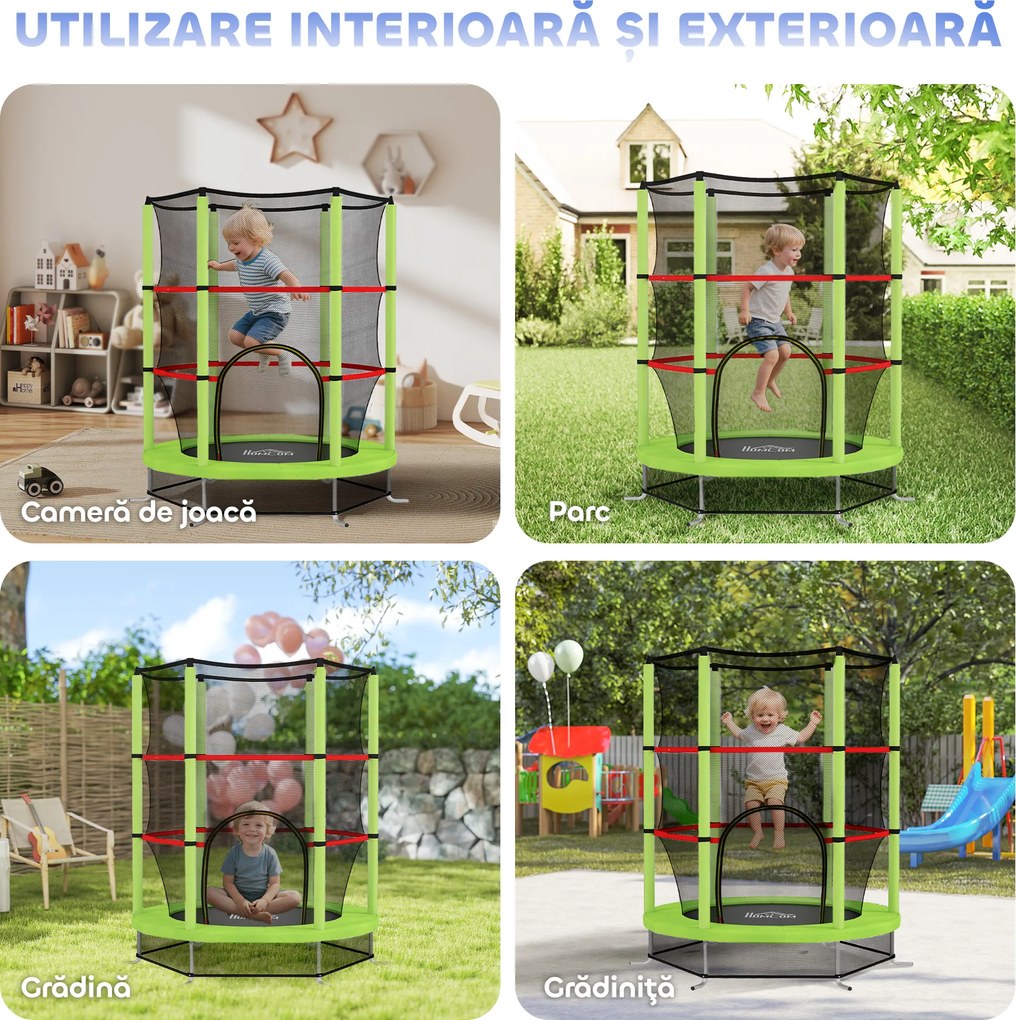 HOMCOM Saltea Elastică pentru Copii 3-6 Ani cu Plasă de Protecție, 6 Stâlpi și 3 Intrări, Ø140x190 cm, Verde | Aosom Romania
