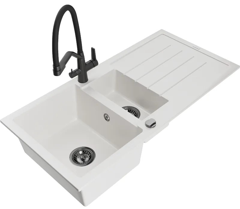 Mexen Andres chiuvetă granit 1,5 camere cu scurgător și baterie de bucătărie Duo, alb - 6515-20-671701-70-B