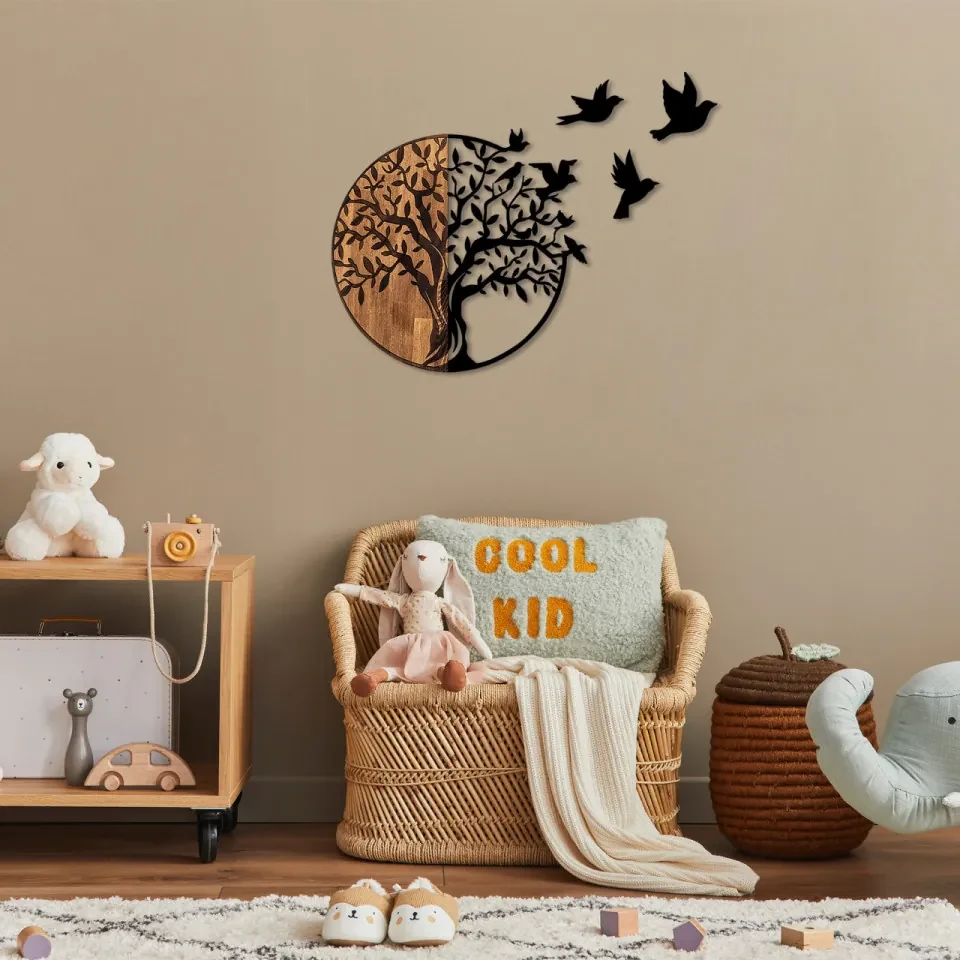 Accesoriu Decorativ de Perete Tree And Birds - 322, Lemn / Metal