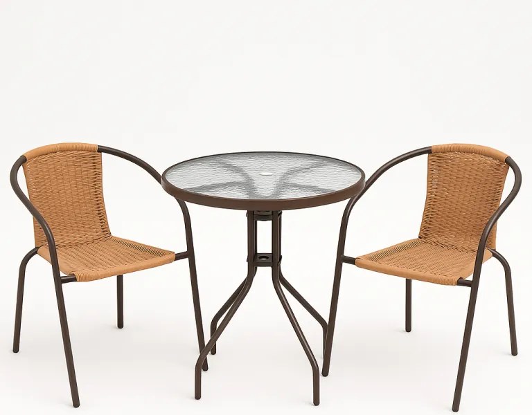 Set balcon grădină, polyrattan, 2 scaune + masă din sticlă