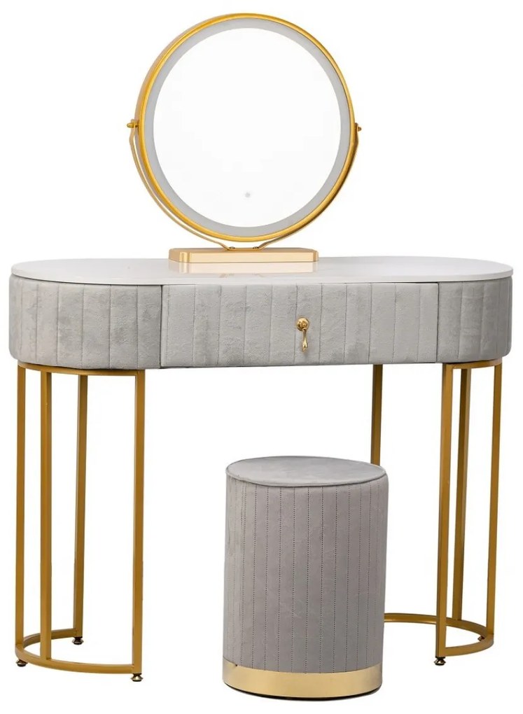 Set BOHEMIA LONG – Masă de Toaletă pentru Machiaj, Oglindă Iluminată LED, Control Touch, Sertar, Taburet, 100x40x75 cm, Gri
