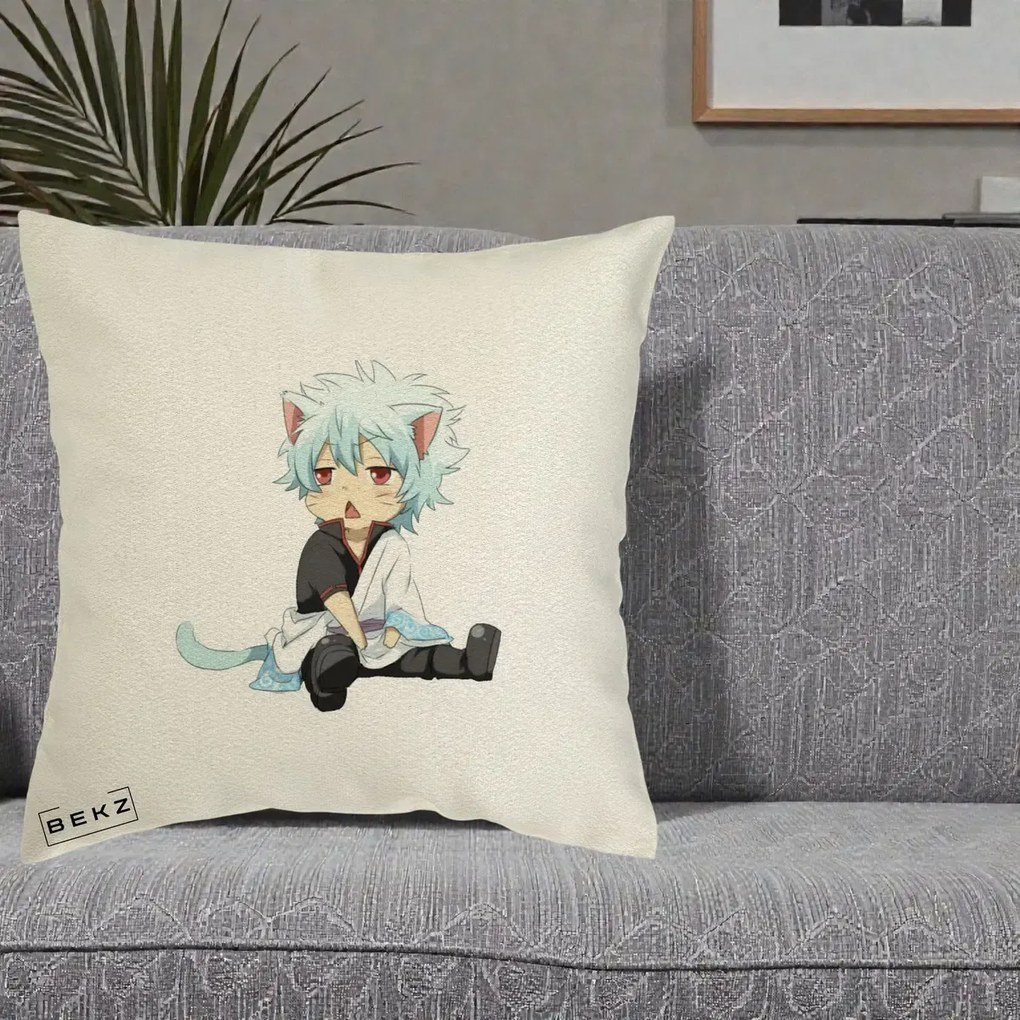 Perna Personalizata Gintama Gintoki Chibi Pisica, 40x40 cm, Ecru, Husa Detasabila, Perna Inclusa, BEKZ®