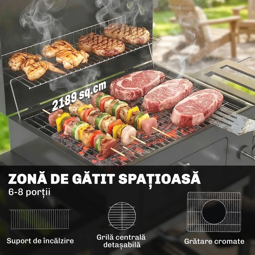 Outsunny grătar pe cărbune, grilă reglabilă, rafturi rabatabile, termometru. | Aosom Romania