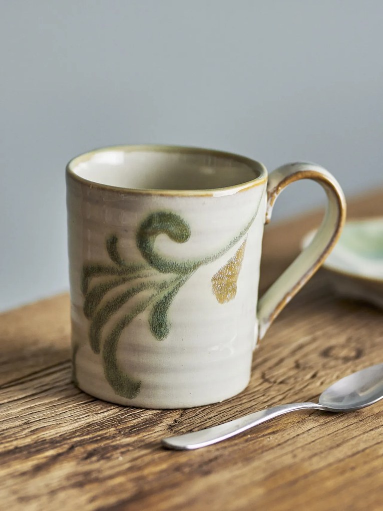 Set 4 căni din ceramică natur, cu motive botanice în verde și maro, „Bethany", 9 x 10 cm