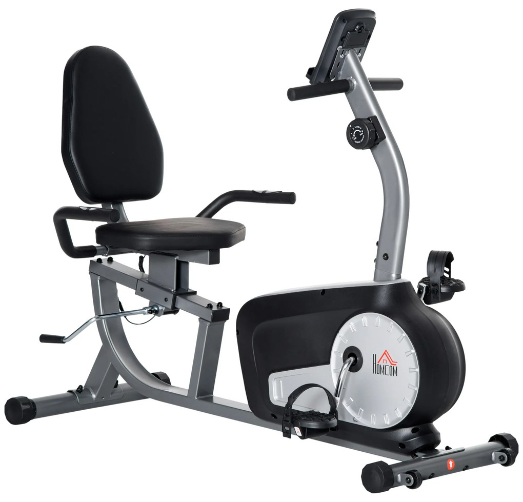 HOMCOM Bicicletă de Exerciții Înclinată Orizontală cu 8 Nivele de Rezistență, Monitor LCD și Scaun Reglabil, 122-137x62x103 cm, Gri | Aosom Romania