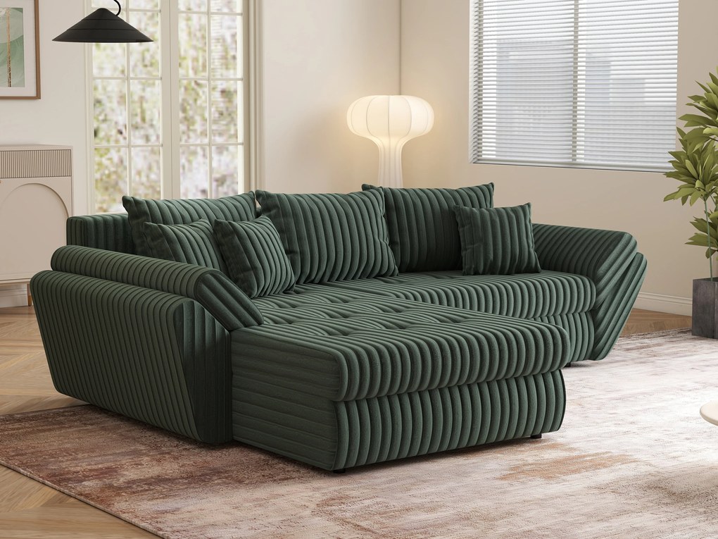 Colțar extensibil dumonde cu ladă de depozitare si sezut confortabil din spuma high-density, Loana Ambience Green 270x185 cm