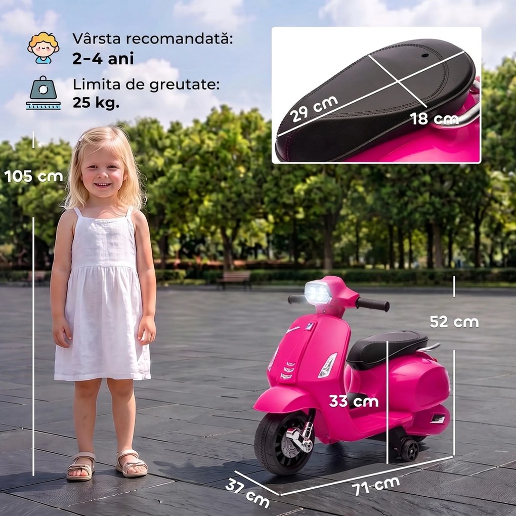 AIYAPLAY Motocicletă electrică copii Vespa 6V cu roți de sprijin, far, claxon pentru 2-6 ani 71 x 37 x 52 cm Roz | Aosom Romania