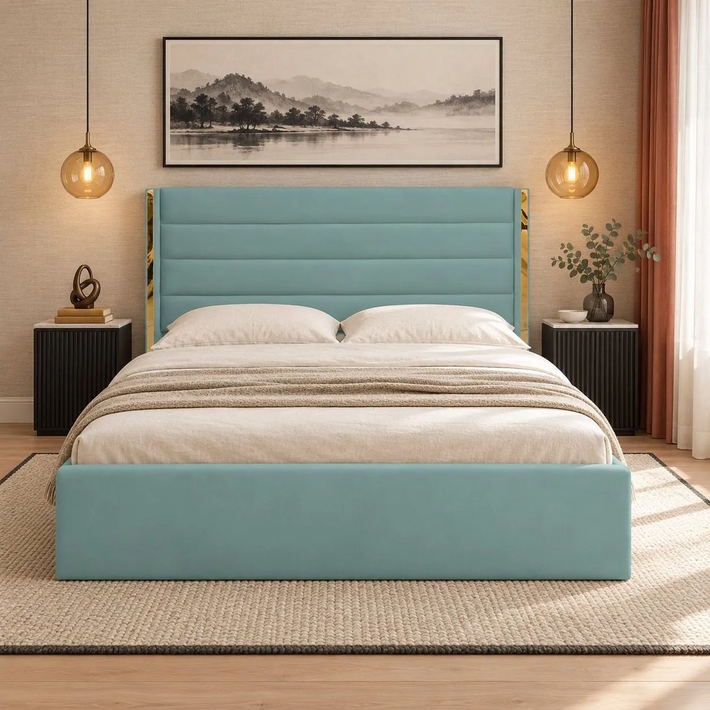 Pat tapițat din catifea Veyra 140×200 cm, verde marin, detalii aurii, cu ladă de depozitare