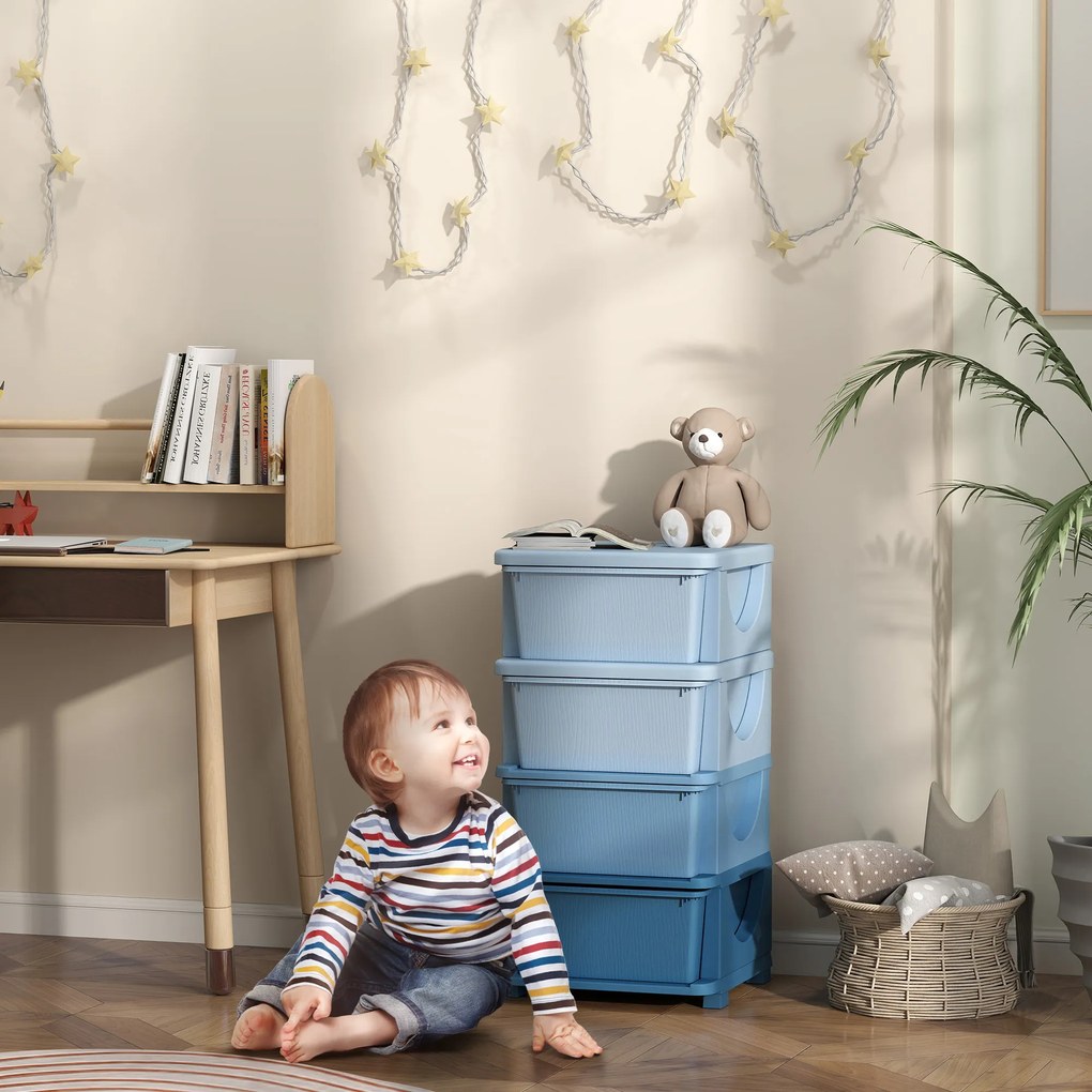 HOMCOM Cutii de depozitare pentru copii, 4 sertare, margini rotunjite, design ridicat, plastic, albastru | Aosom Romania