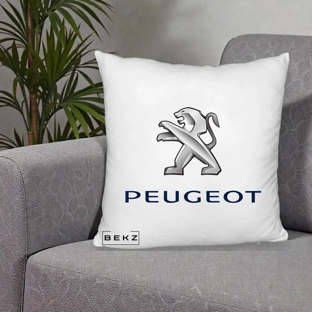 Perna Personalizata cu emblema Peugeot, 40x40 cm, Alb Pufos, Husa Detasabila, Perna Inclusa, BEKZ®