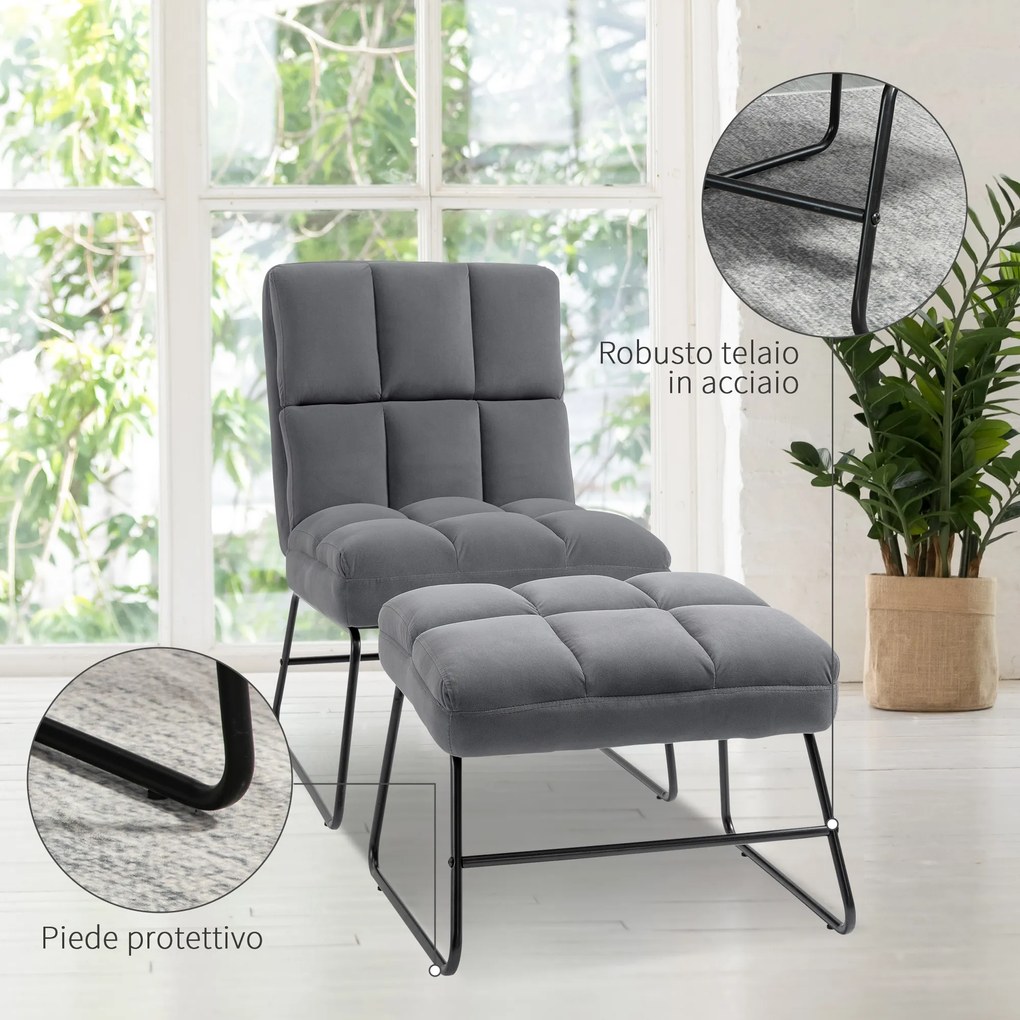 Fotoliu Relax 56x77x90,5cm cu Suport pentru picioare 56x44x44cm HOMCOM, Set 2 Piese din Tesatura cu Efect de Catifea Gri | Aosom Romania