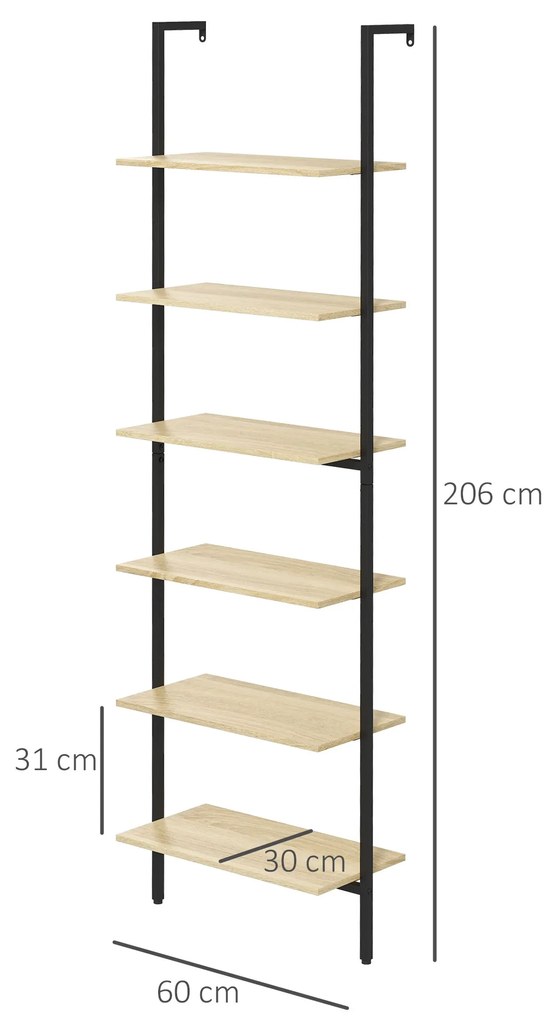 HOMCOM Raft tip scară montabil pe perete, 6 rafturi, stil industrial, oțel negru și lemn natural, 60x30x206 cm | Aosom Romania